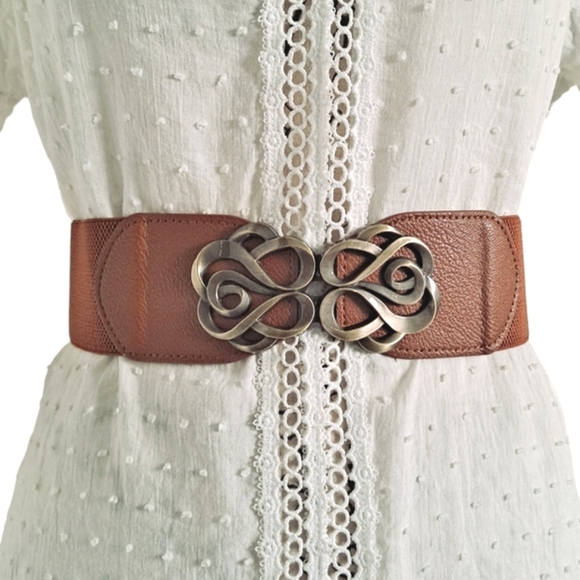 Boutique Accessories - Brown antique gold ornate buckle corset boho elastic wide waist dress belt